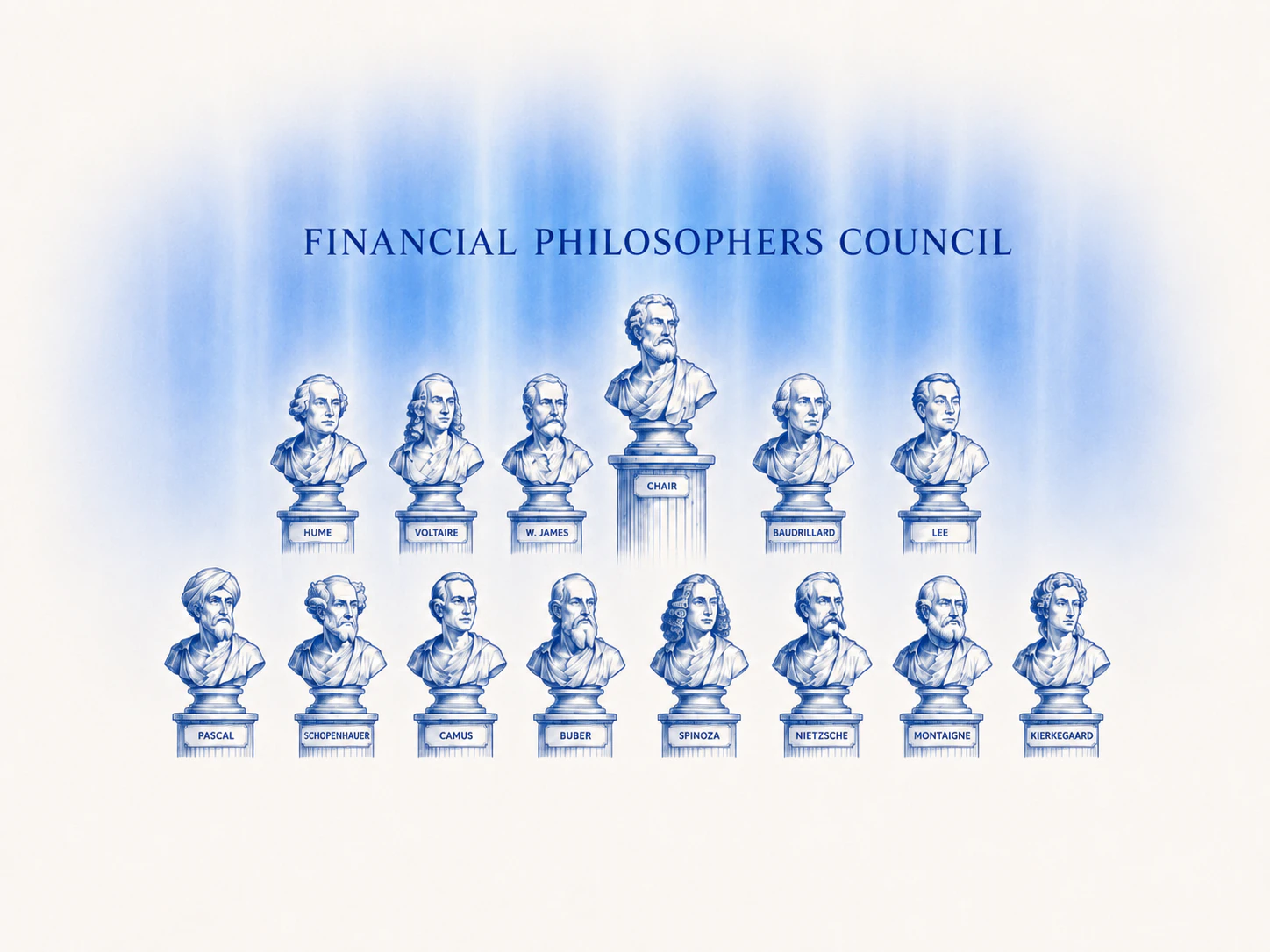 Blue engraved philosopher busts arranged as the Financial Philosophers Council