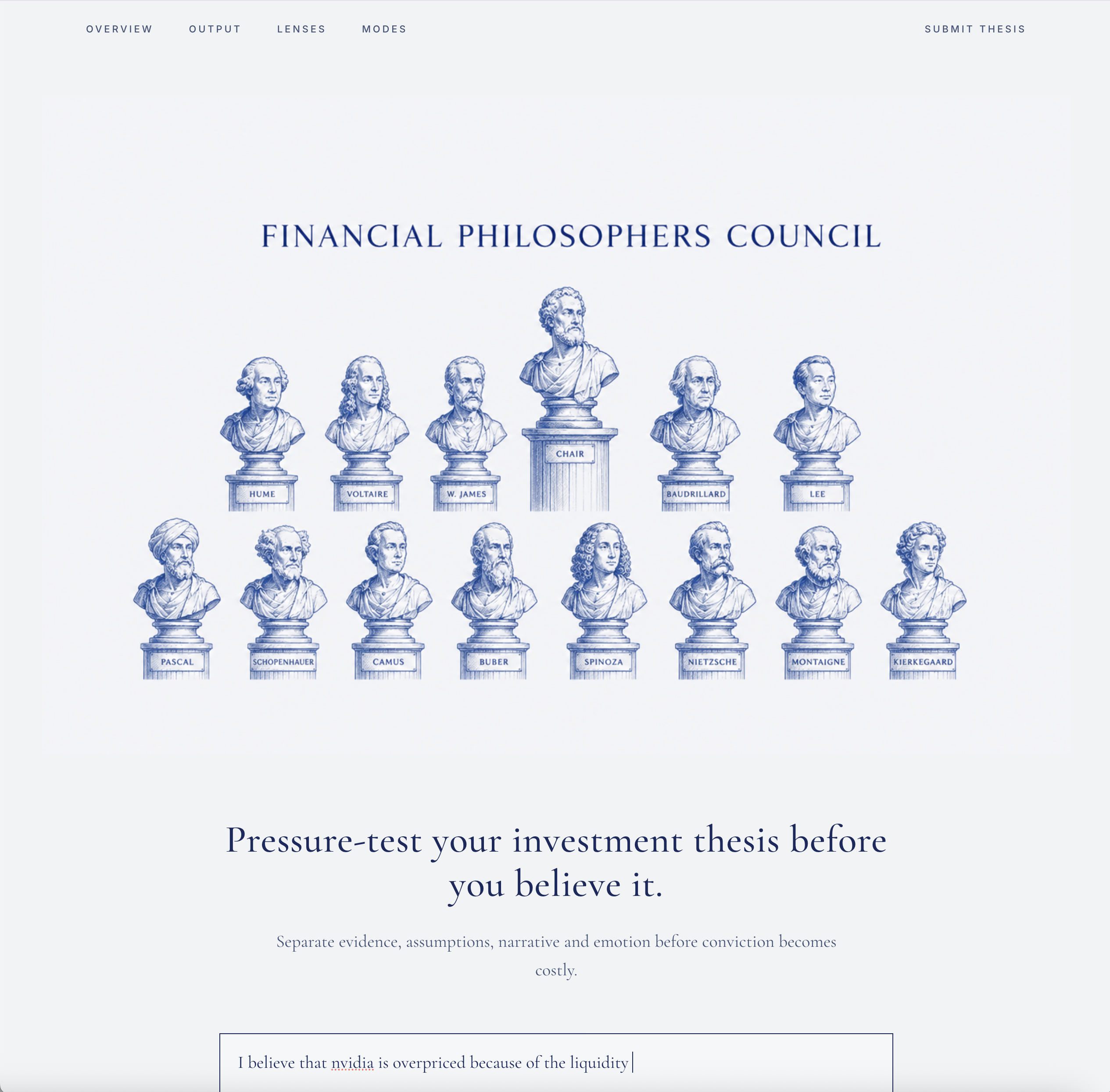 Blue engraved philosopher busts arranged as the Financial Philosophers Council